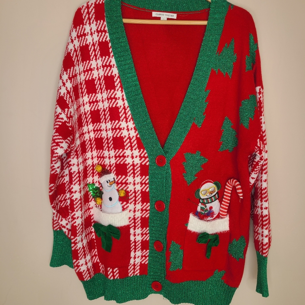 Celebrate‎ Together Christmas Holiday Party Snowman Candy Cane Cardigan Sz XL